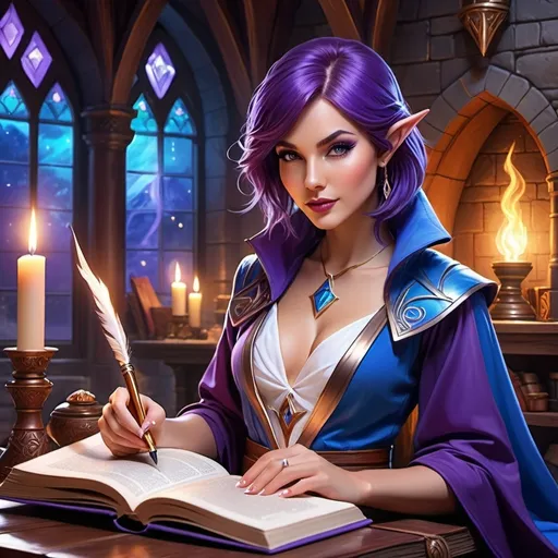 Prompt: (splash art of a half-elf female wizard), (vibrant fantasy colors), holds an open book in one hand and a quill pen in the other, lips slightly parted, purple eyeshadow, plum lipstick, confident demeanor, wearing revealing blue wizard robes that accentuate her feminine figure, inviting cleavage, stylish auburn bob cut, enchanting magical ambience, set in a cozy wizard study filled with mystical artifacts, ultra-detailed, captivating Dungeons and Dragons theme, fantasy art masterpiece.