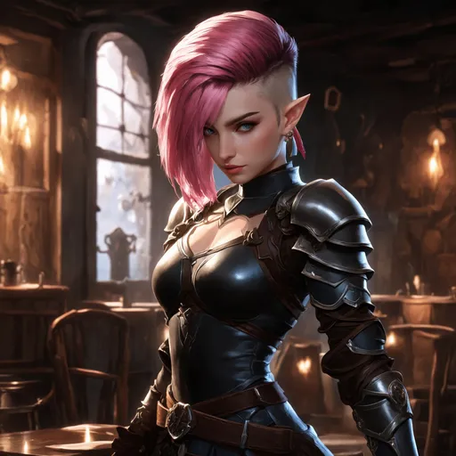 Prompt: (splash art of a half-elf female rogue), (alluring facial expression), stylish pink undercut hair, wearing leather thief armor, shadowy ambiance enhancing her stealth, intricate backgrounds of a tavern interior, vibrant fantasy colors, Dungeons and Dragons theme, ultra-detailed, high quality art, captivating fantasy art style.