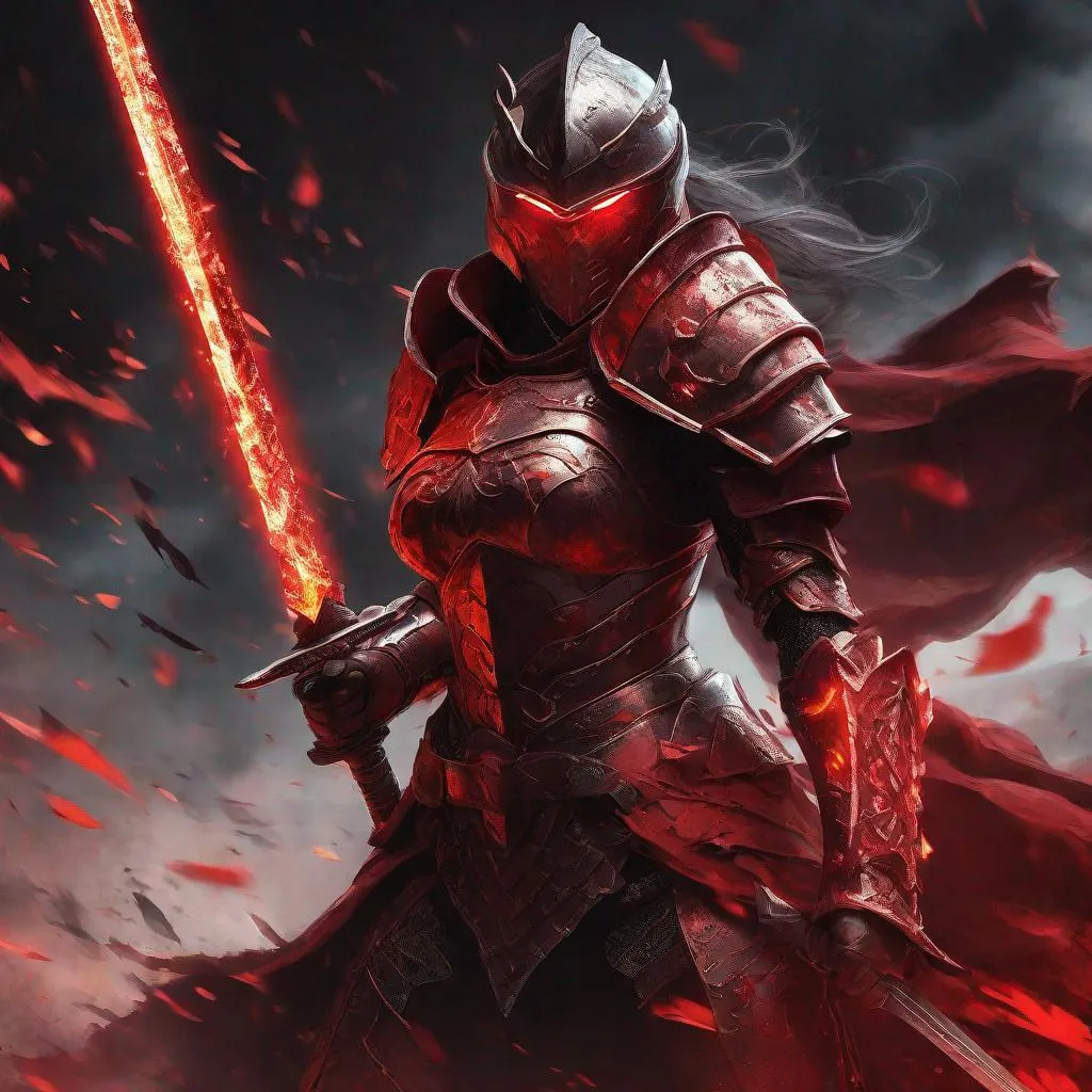 Prompt: In a digital masterpiece, a heavily armoured female warrior is standing in a dynamic battle stance. She looks across the battlefield with blazing red eyes and grips her sword menacingly. Her armour fully covers her body and exudes an aura of malice. A torn cloak of red flutters behind her. She is ready to fight against many enemies and is not afraid of death. The piece is an illustration with dark lighting and high resolution. The background is a burning battlefield. Epic fantasy.