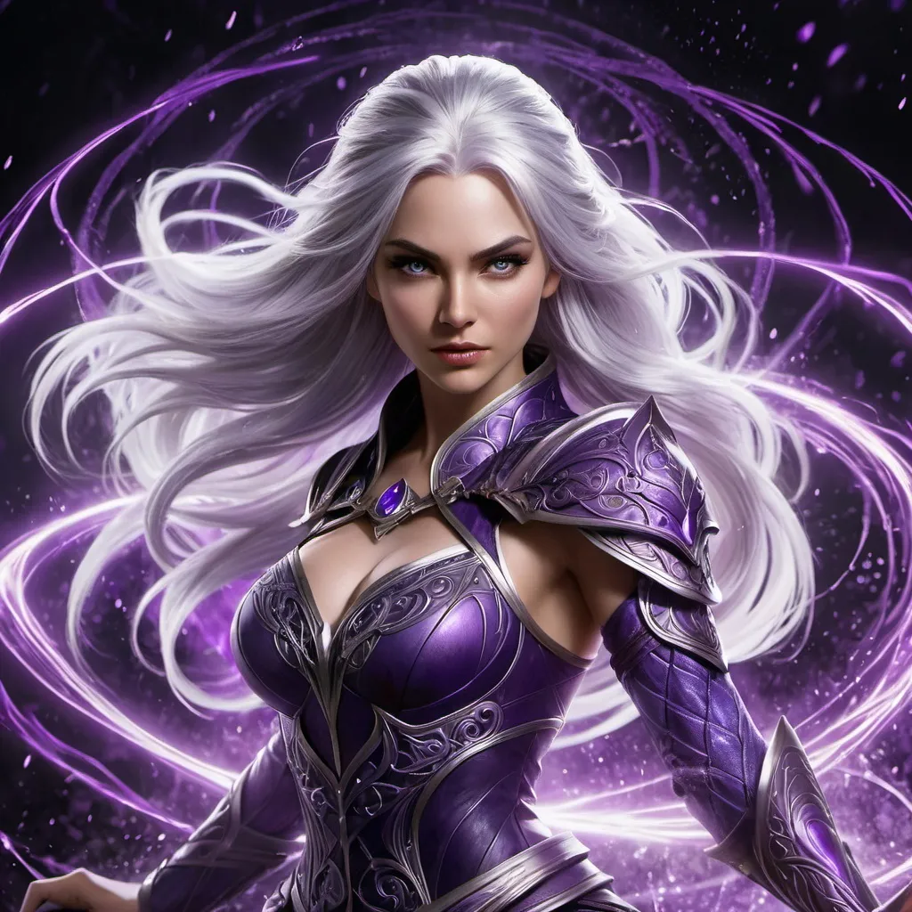 Prompt: In this splash art, an attractive female sorcerer with silver hair is standing in a dynamic combat stance. Her eyes glow purple. She is surrounded by an intricate weave of purple threads that resonate with power. She wears  barely any clothing. With a single action, she can tear the Threads of Fate from everything. Dark fantasy style and aesthetic. Perfect body, perfect face. Illustration. In
