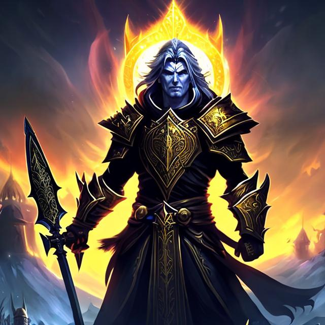 Prompt: Produce a splash art of a holy warrior. The warrior is male with long hair and wears priestly robes. He holds a spear aloft that radiates with holy power. Before him, undead skeletons crumble into dust as the radiant light destroys them. A shining white cloak billows behind her. Heroic fantasy aesthetic.