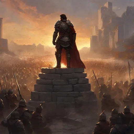 Prompt: In this splash art, an armoured male warrior is delivering a speech. He stands atop a fallen pillar and addresses his soldiers. The man has a commanding presence and demands attention. He is not wearing a helmet so we see he has shoulder length brown hair. The background is the aftermath of a battle. Sunrise lighting. Epic fantasy aesthetic and style.