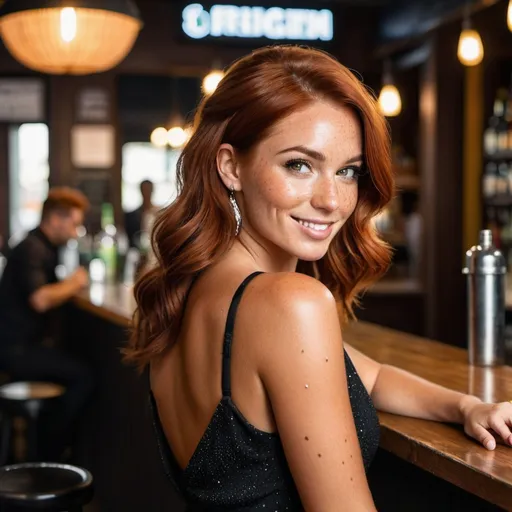 Prompt:  an attractive woman with Auburn hair, she has tanned skin, freckles, freckled, low cut black dress, at a bar, urban background, looking over shoulder, inviting, alluring 