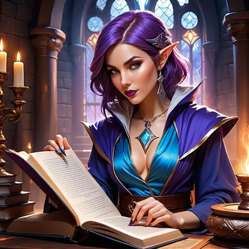 Prompt: (splash art of a half-elf female wizard), (vibrant fantasy colors), holds an open book in one hand and a quill pen in the other, lips slightly parted, eyeshadow, plum colored lipstick, confident demeanor, wearing revealing blue wizard robes that accentuate her feminine figure, inviting cleavage, stylish auburn bob cut, enchanting magical ambience, set in a cozy wizard study filled with mystical artifacts, ultra-detailed, captivating Dungeons and Dragons theme, fantasy art masterpiece.