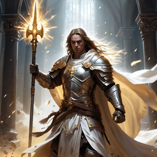 Prompt: Produce a splash art of a holy warrior. The warrior is male with long hair and wears priestly robes. He holds a spear aloft that radiates with holy power. Before him, undead skeletons crumble into dust as the radiant light destroys them. A shining white cloak billows behind her. Heroic fantasy aesthetic.