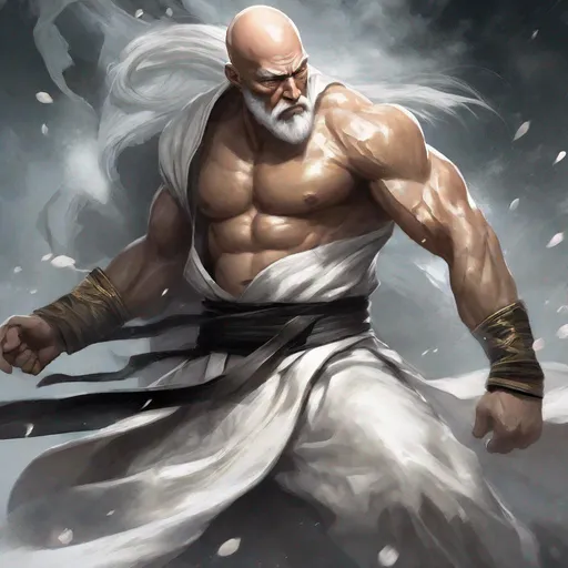 Prompt: Create a splash art of a formidable man in a dynamic combat stance. He is bald but has a long white beard. The man is old, with a muscular physique. He is wearing monastic grey robes but the top of torn, revealing his strong body covered in scars. He is a martial arts adept. In the background, an ethereal white tiger is watching over him.