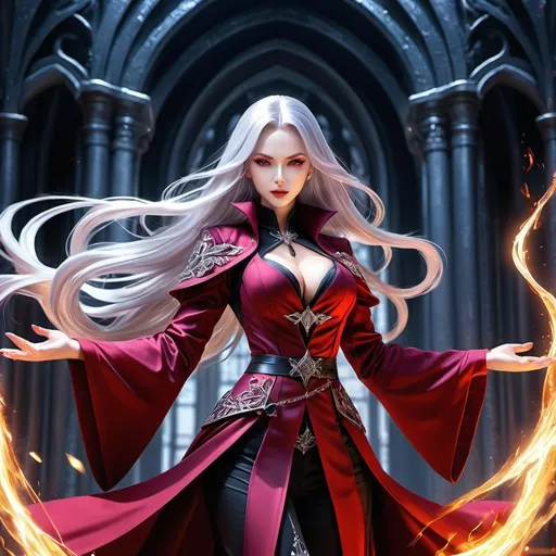 Prompt: Create an image of an evil female anime sorcerer, (dynamic combat stance), anime art style, Russian aesthetic quality, fantasy art, (wearing flowing crimson robes), stylish long silver hair, violet eyes, stunning fantasy art, crackling energy effects, radiant skin, glossy hair, glossy lips, full body, perfect anatomy, backgrounds like a dark tower or gothic throne room, evil ambience to emphasize her wicked demeanor.