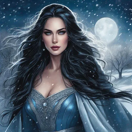 Prompt: In this illustration, a beautiful European woman about 36 with blue eyes is walking towards the viewer. She has long silky blac hair frames and enticing look in her eyes. She wears a snow coloured dress with a heavy furred cloak. The background is a moonlit blizzard. Dark fantasy aesthetic. Fantasy art.