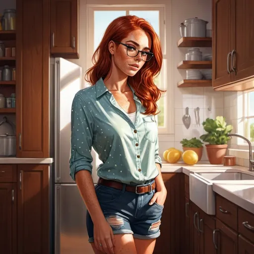 Prompt: An attractive woman with auburn hair is standing in the kitchen, She has tanned skin, freckles, freckled, alluring, glasses, full body view, fantasy, illustration, reflections 