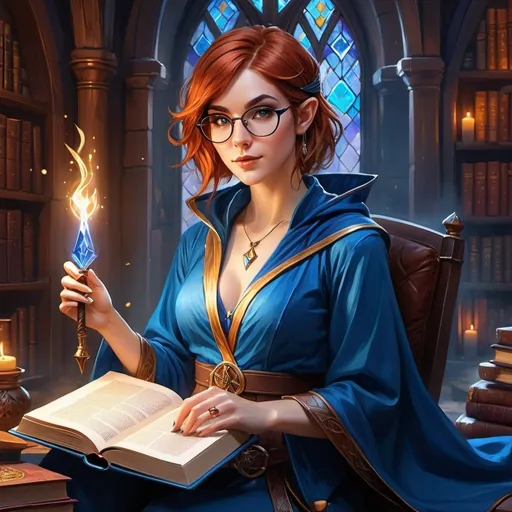 Prompt: (splash art of a half-elf female wizard), (vibrant fantasy colors), holds an open book in one hand and a quill pen in the other, glasses enhancing her stern expression, confident demeanor, wearing revealing blue wizard robes that accentuate her feminine figure, stylish auburn bob cut, enchanting magical ambience, set in a cozy wizard study filled with mystical artifacts, ultra-detailed, captivating Dungeons and Dragons theme, fantasy art masterpiece.