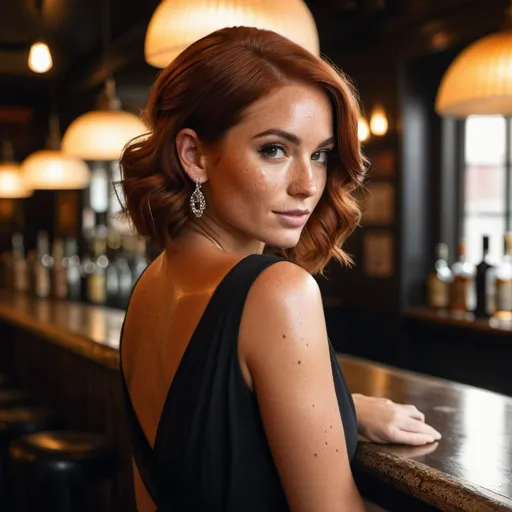 Prompt:  an attractive woman with Auburn hair, she has tanned skin, freckles, freckled, low cut black dress, at a bar, urban background, looking over shoulder, alluring, smokey interior, 1920s bar, chiaroscuro lighting