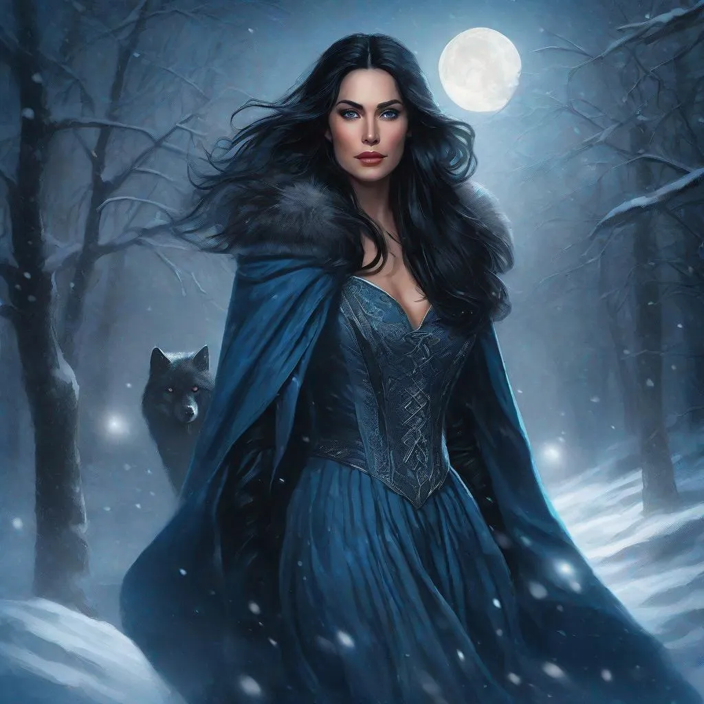 Prompt: In this illustration, a handsome European woman, 36, with blue eyes is walking towards the viewer. She has long silky black hair that frames an enticing look in her eyes. She wears a snow coloured dress with a heavy furred cloak. The background is a moonlit blizzard. Dark fantasy aesthetic. Fantasy art. High resolution.