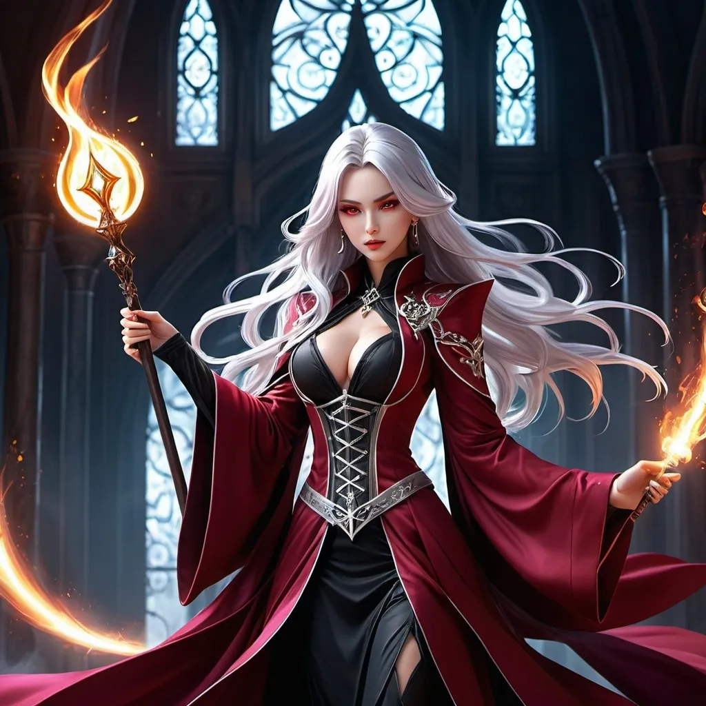 Prompt: Create an image of an evil female anime sorcerer, (dynamic combat stance), anime art style, Russian aesthetic quality, fantasy art, (wearing flowing crimson robes), stylish long silver hair, violet eyes, stunning fantasy art, crackling energy effects, radiant skin, glossy hair, glossy lips, full body, perfect anatomy, holding a magic staff in right hand, backgrounds like a dark tower or gothic throne room, evil ambience to emphasize her wicked demeanor.