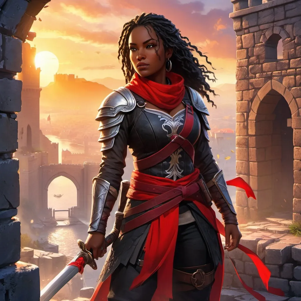 Prompt: In the splash art, an attractive female warrior is standing amongst broken masonry. She has ebony coloured skin and wears light leather armour. She exudes authority and command. A bright red sash is tied around her waist and a curved sword is in a scabbard at her hip. The background is the aftermath of a battle on ramparts of a fortress. Sunrise lighting. Heroic fantasy aesthetic and style.