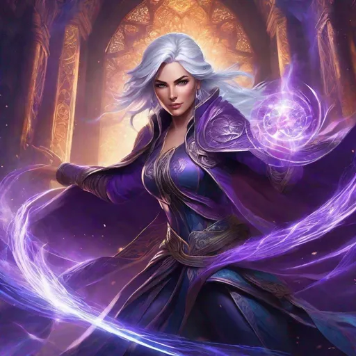 Prompt: In this splash art, an attractive female sorcerer with silver hair is standing in a dynamic combat stance. Her eyes glow purple. She is surrounded by an intricate weave of purple threads that resonate with power. She wears flowing cerulean coloured robes that cascade with energy. With a single action, she can tear the Threads of Fate from everything. Heroic fantasy style and aesthetic. Perfect body, perfect face. Illustration. Inviting cleavage 