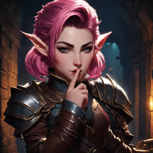 Prompt: (splash art of a half-elf female rogue), (mischievous facial expression), (elegant finger gesture over lips), stylish pink undercut hair, shaved on one side, wearing leather thief armor, shadowy ambiance enhancing her stealth, intricate backgrounds like dimly lit alleys or taverns, vibrant fantasy colors, Dungeons and Dragons theme, ultra-detailed, high quality art, captivating fantasy art style.