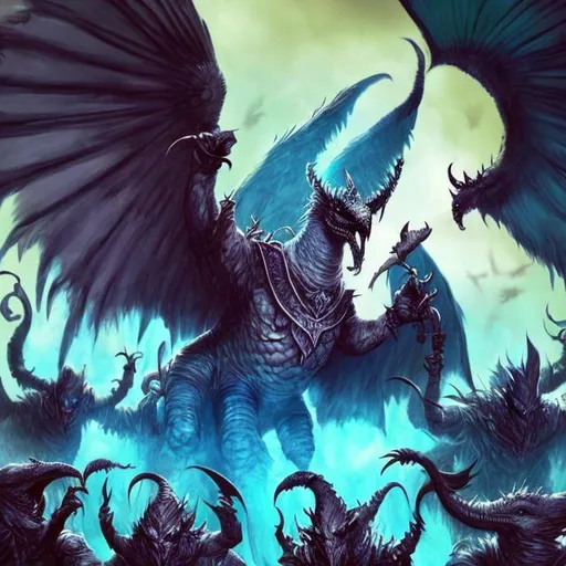 Prompt: In this illustration a Lord of Change is in the air. Their feathered wings ripple with demonic magic. Below them, a horde of hideous little demons charge forward.
