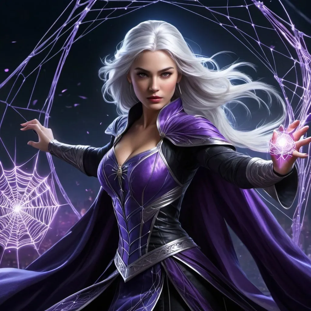 Prompt: In this digital masterpiece, an attractive female sorcerer with silver hair is standing in a dynamic combat stance. Her eyes glow purple. She is surrounded by an intricate spiderweb of purple threads that resonate with power. Her flowing light blue robes cascade with energy. With a single action, she can tear the Threads of Fate from everything. Dark fantasy style and aesthetic. Perfect hands, perfect body, perfect face.