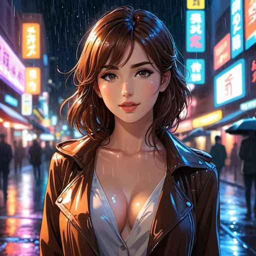 Prompt: Create an anime picture of an attractive woman with brown hair. She is standing in a neon-street at night. It is raining and the woman is soaking wet. 