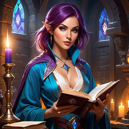 Prompt: (splash art of a half-elf female wizard), (vibrant fantasy colors), holds an open book in one hand and a quill pen in the other, lips slightly parted, eyeshadow, plum colored lipstick, confident demeanor, wearing revealing blue wizard robes that accentuate her feminine figure, inviting cleavage, stylish auburn bob cut, enchanting magical ambience, set in a dimly lit bedroom filled with mystical artifacts, ultra-detailed, captivating Dungeons and Dragons theme, fantasy art masterpiece.