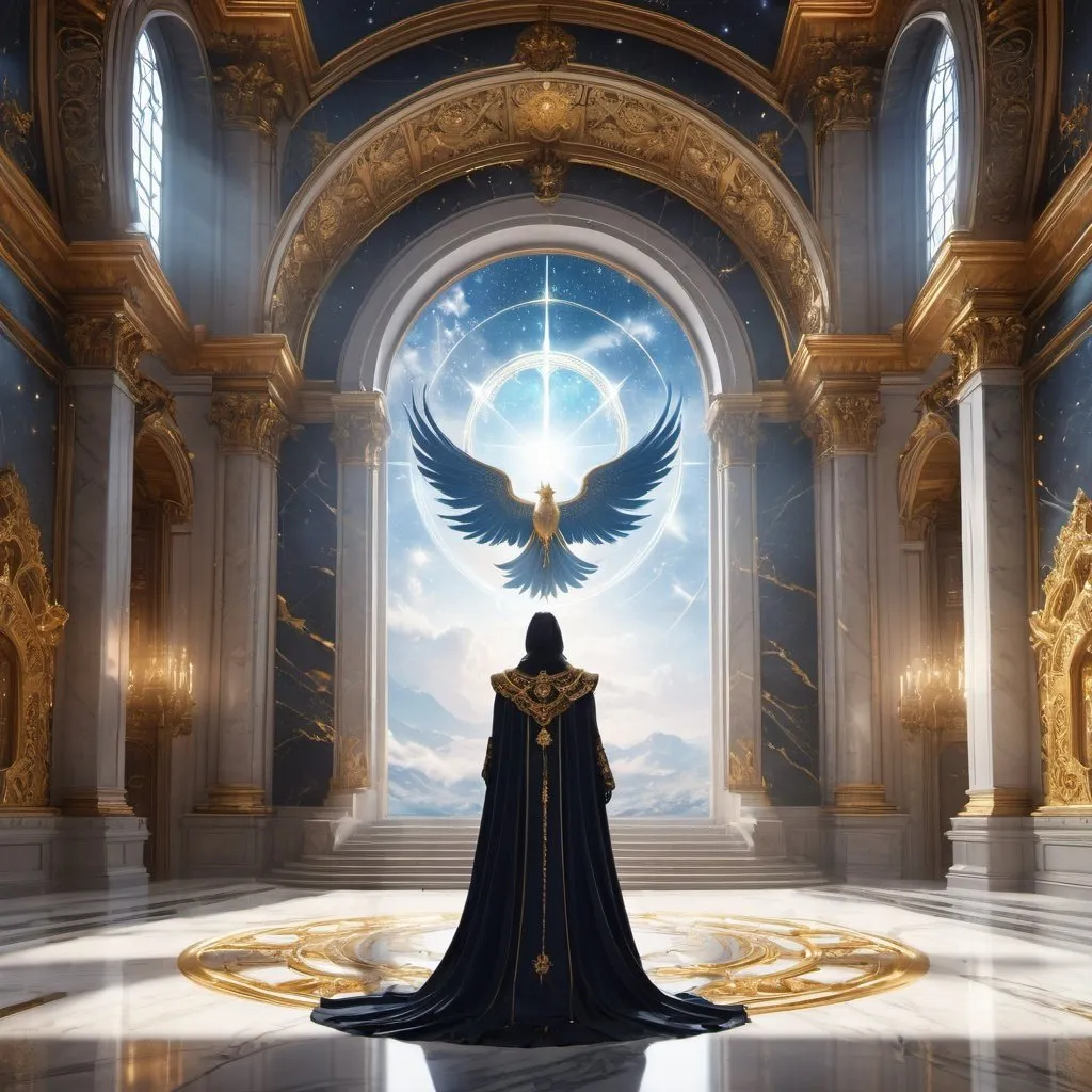 Prompt: In this digital masterpiece, there is a celestial being. They are the Fateweaver and control the weave of fate. They are hovering in the air. The background is a grand chamber with marble walls and an enormous ornate window. Heroic fantasy aesthetic and style.