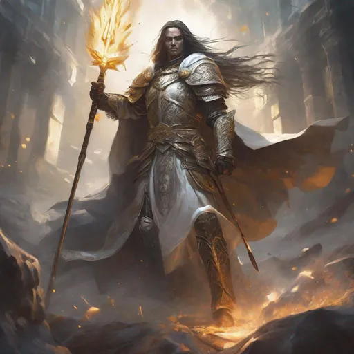 Prompt: Produce a splash art of a holy warrior. The warrior is male with long hair and wears priestly robes. He holds a spear aloft that radiates with holy power. Before him, undead skeletons crumble into dust as the radiant light destroys them. A shining white cloak billows behind her. Heroic fantasy aesthetic.