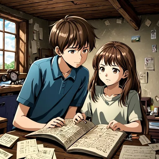 Prompt: A brown haired 13 Year Old Boy Living In A Year 2157 In Futuristic World Found one Old Book With Old Pages In His Attic Along With His brown haired 11 Year Old Sister In His Attic And as They Both Started Reading That Book the 13 Year boy started telling his 11 Year old sister how schools earlier must have been and the 11 year old girl started to imagine the 13 year old boy's words 