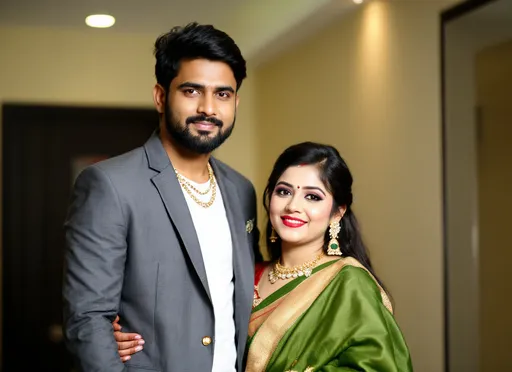 Prompt: Dressed elegantly for a special occasion, a couple stands together against a softly illuminated indoor backdrop. The man wears a tailored gray suit, exuding confidence and sophistication, complemented by a subtle chain around his neck. Beside him, the woman radiates grace in a rich green saree, adorned with delicate embellishments and a contrasting gold border, which drapes elegantly around her figure. Their expressions convey happiness, enhanced by her bright red lipstick and traditional jewelry, while the cozy ambiance and neutral-toned walls provide a warm setting for this picturesque moment. Together, they embody a celebration of culture and style, hinting at a joyful event ahead.