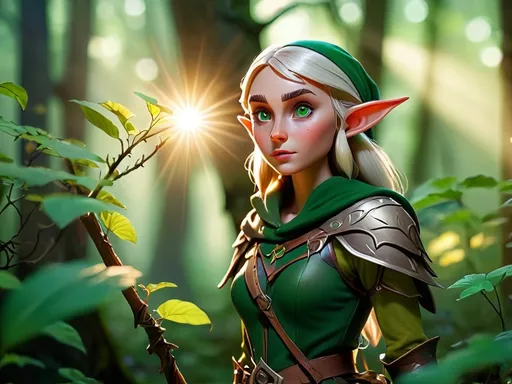 Prompt: Elf ranger in a mystical forest around sunlight