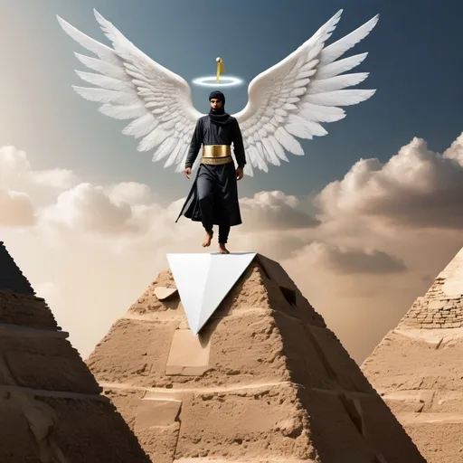 Prompt: Muslim warrior angel floating above pyramid 