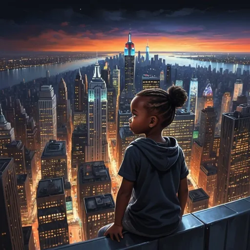 Prompt: Black Child overlooking New York City from a skyscraper rooftop, detailed skyline of iconic buildings, vibrant city lights, high quality, realistic, cityscape illustration, awe-inspiring view, urban landscape, night time, city that never sleeps, mesmerizing skyline, futuristic, detailed eyes, bright and colorful, atmospheric lighting