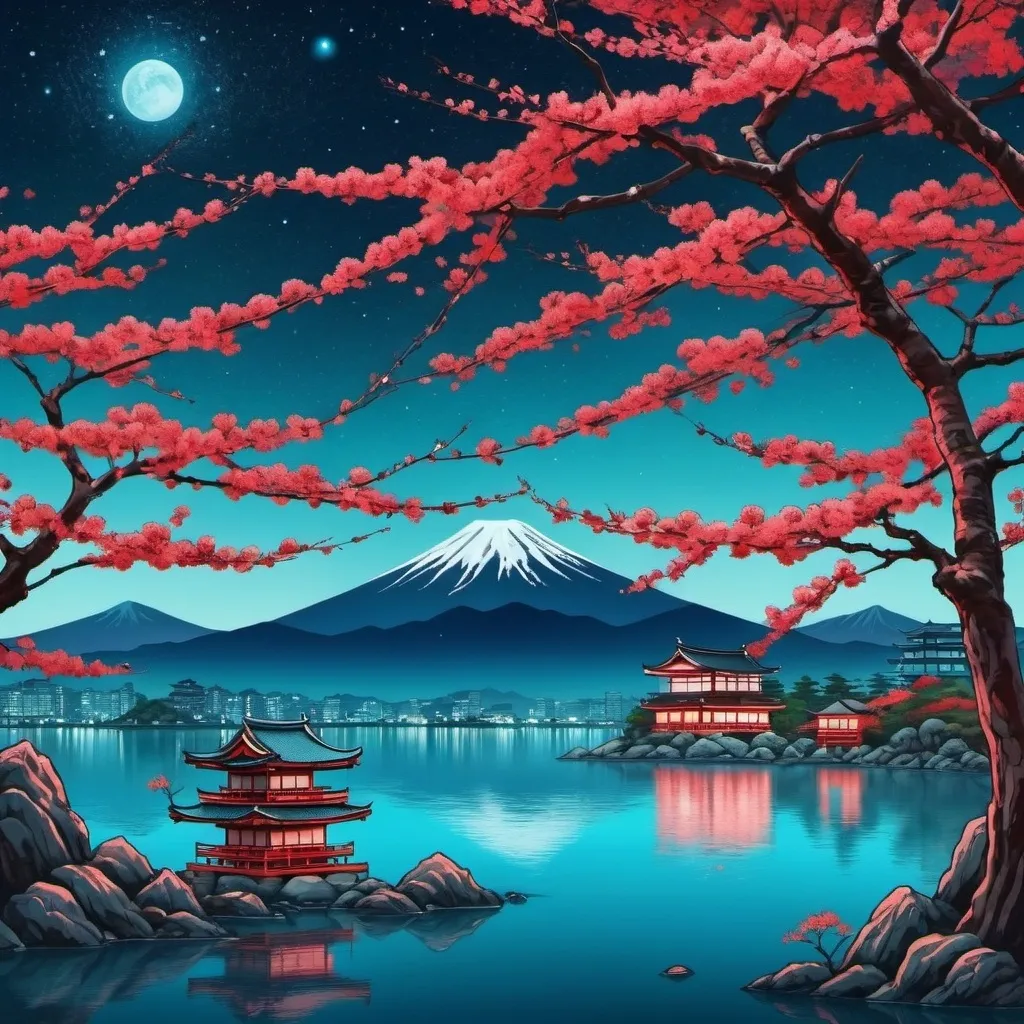 Prompt: Japanese Night Sky with Cyan Sea with Japanese Art Style with many Red Sakura Trees
