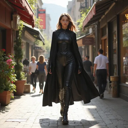 Prompt: A tall, young female android strides confidently down a bustling high street, her elegantly detailed space suit with a black cloak flowing gently around her with each step. The fabric catches the soft, natural light of late afternoon, highlighting intricate patterns and textures. Sunlight filters through the overhanging awnings, casting playful shadows on the cobbled street. Surrounding her, a vibrant atmosphere hums with life—storefronts adorned with colorful displays, shoppers animatedly chatting, and blooming window boxes bursting with flowers. Her expression, a mix of determination and tranquility, reflects the energy of the city. A gentle breeze tousles her hair, adding to the scene's lively charm. The overall mood is one of freedom and possibility, captured in a realistic, photorealistic style.