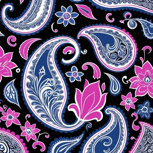 Prompt: seamless pattern tile of a paisley and floral print in Fuschia, royal blue, and white on a solid black background