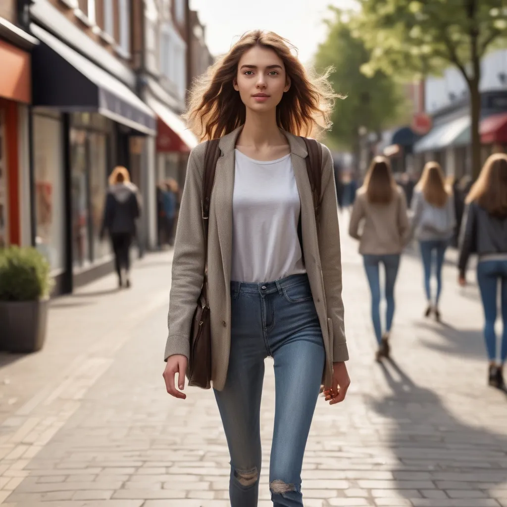 Prompt: Tall young woman walking down the high street, detailed clothing, realistic, natural lighting. She met young man and go to park with enjoy with her time
