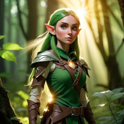 Prompt: Elf ranger in a mystical forest around sunlight