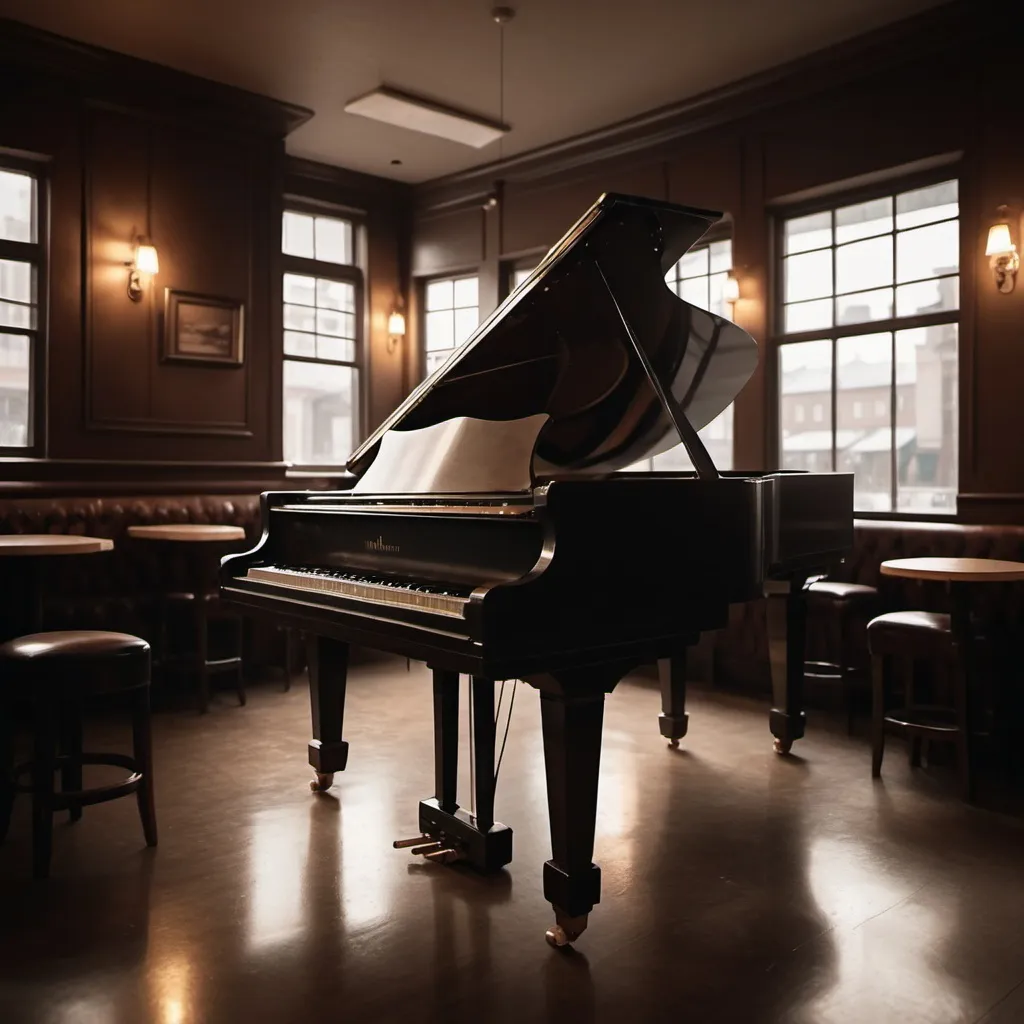 Prompt: piano in a bar, neutral tones, dark academia, realistic picture, low lighting