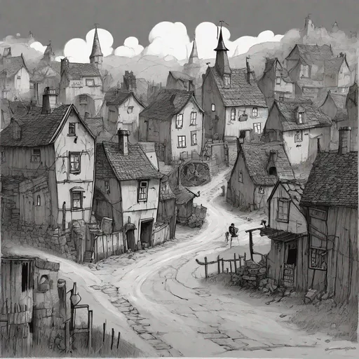 Prompt: A small village, located somewhere, at some time in history. Life in this village is dreary, as is the case in many a small villages. the dust that settled over every inch of that poor village. in the style of a Tim Burton cartoon
