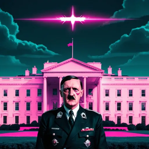 Prompt: SYNTHWAVE HITLER IN FRONT OF WHITE HOUSE 