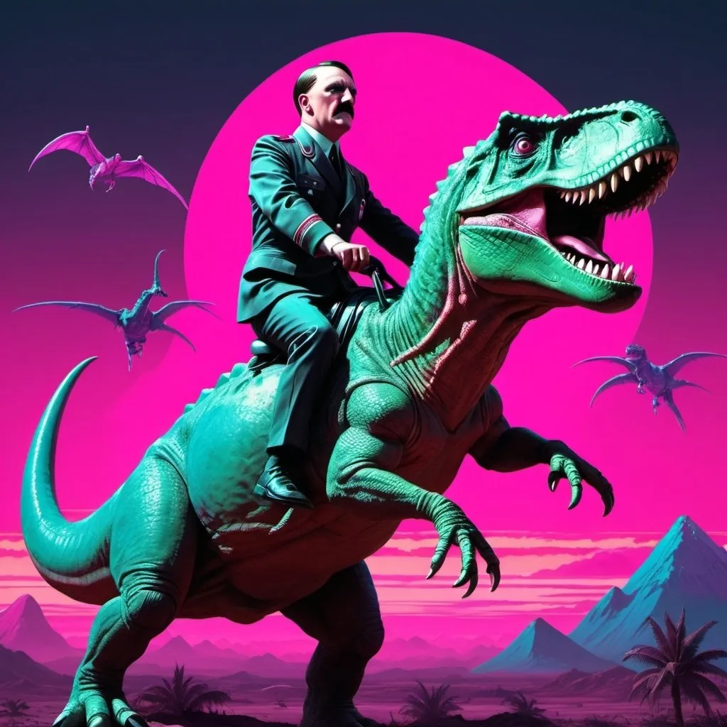 Prompt: Synthwave Hitler riding Dinosaur