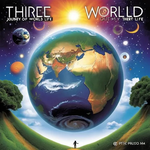 Prompt: THREE WORLD : JOURNEY OF LIFE ABOUT THERR THINGS ME,  my CREATER   god AND THIS WORLD 

MUSIC ALBUM COVER
    



