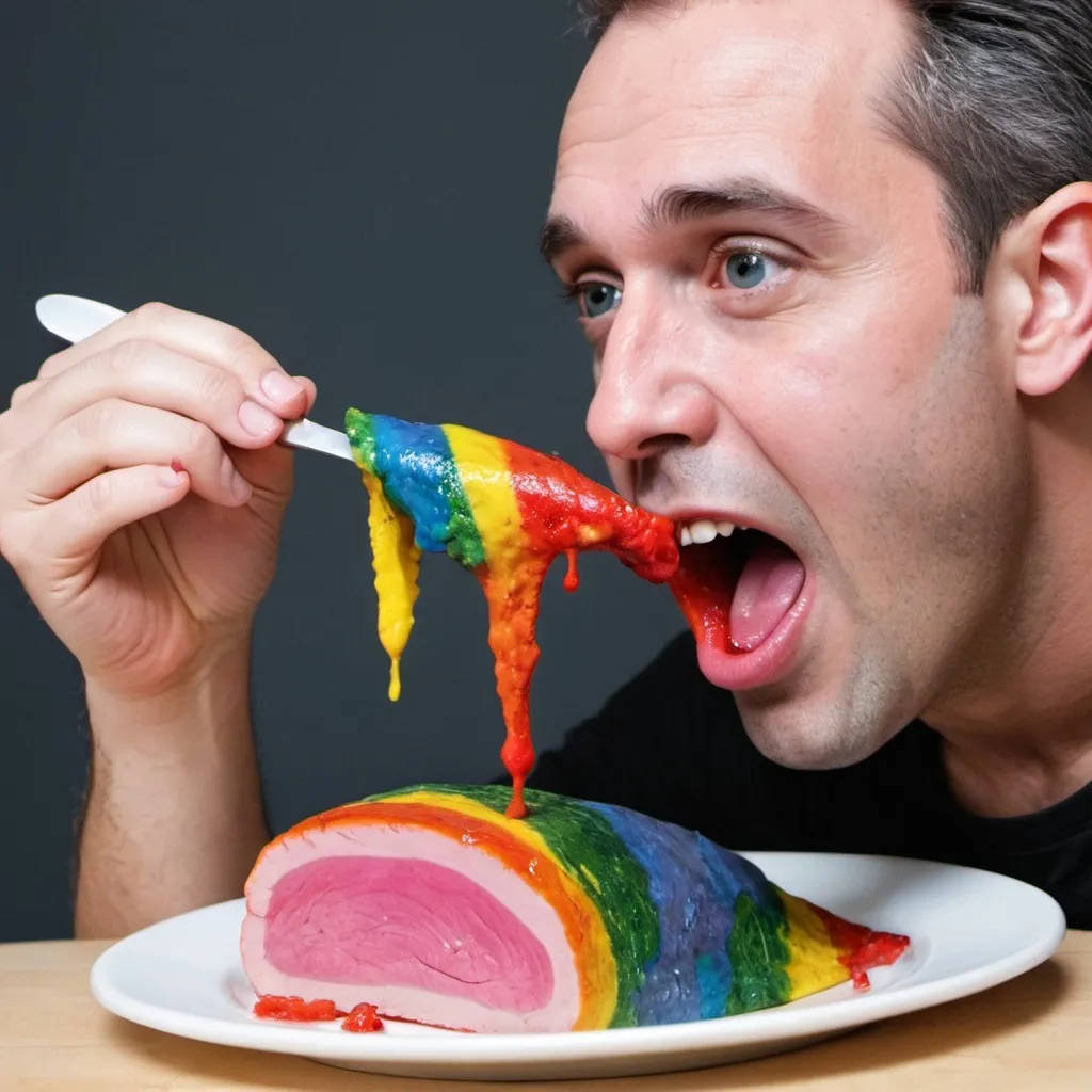 Prompt: eating rainbow meat