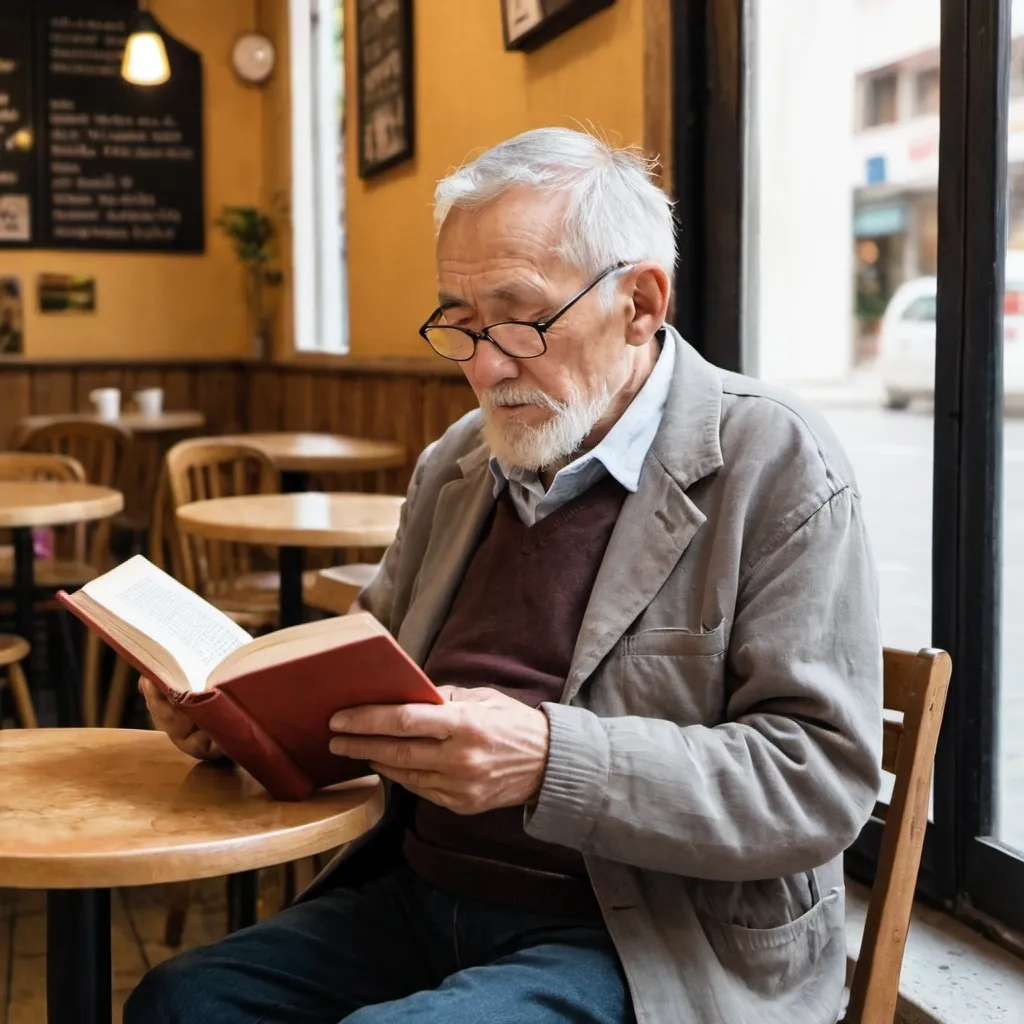 Prompt: An old man is reading a book in a cafe