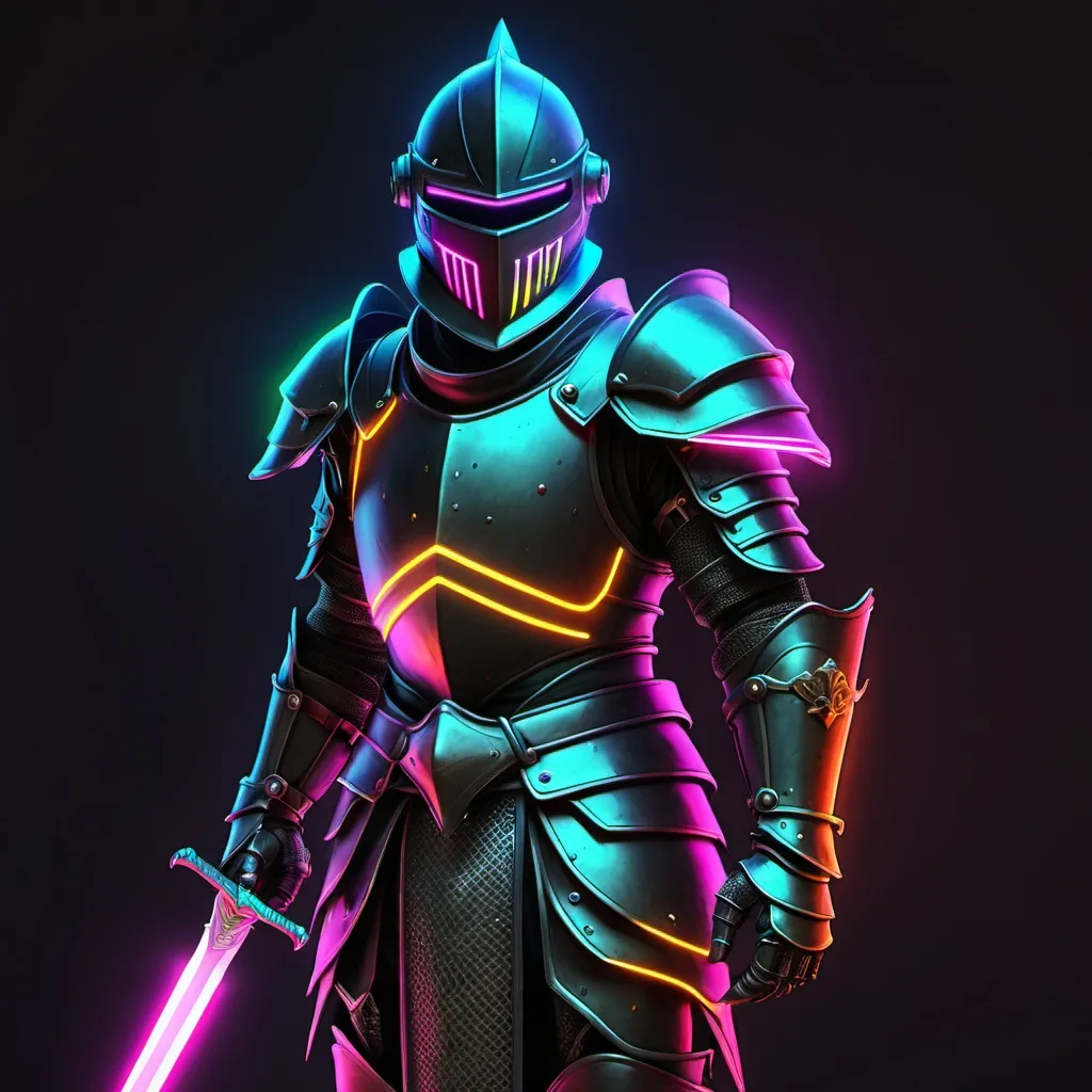 Prompt: knight with neon helmet with sword