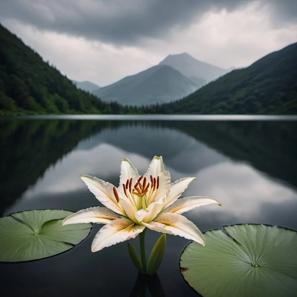 Prompt: A lily in bloom, floating on a still lake. Mountains and clouds in the background. Moody atmosphere.