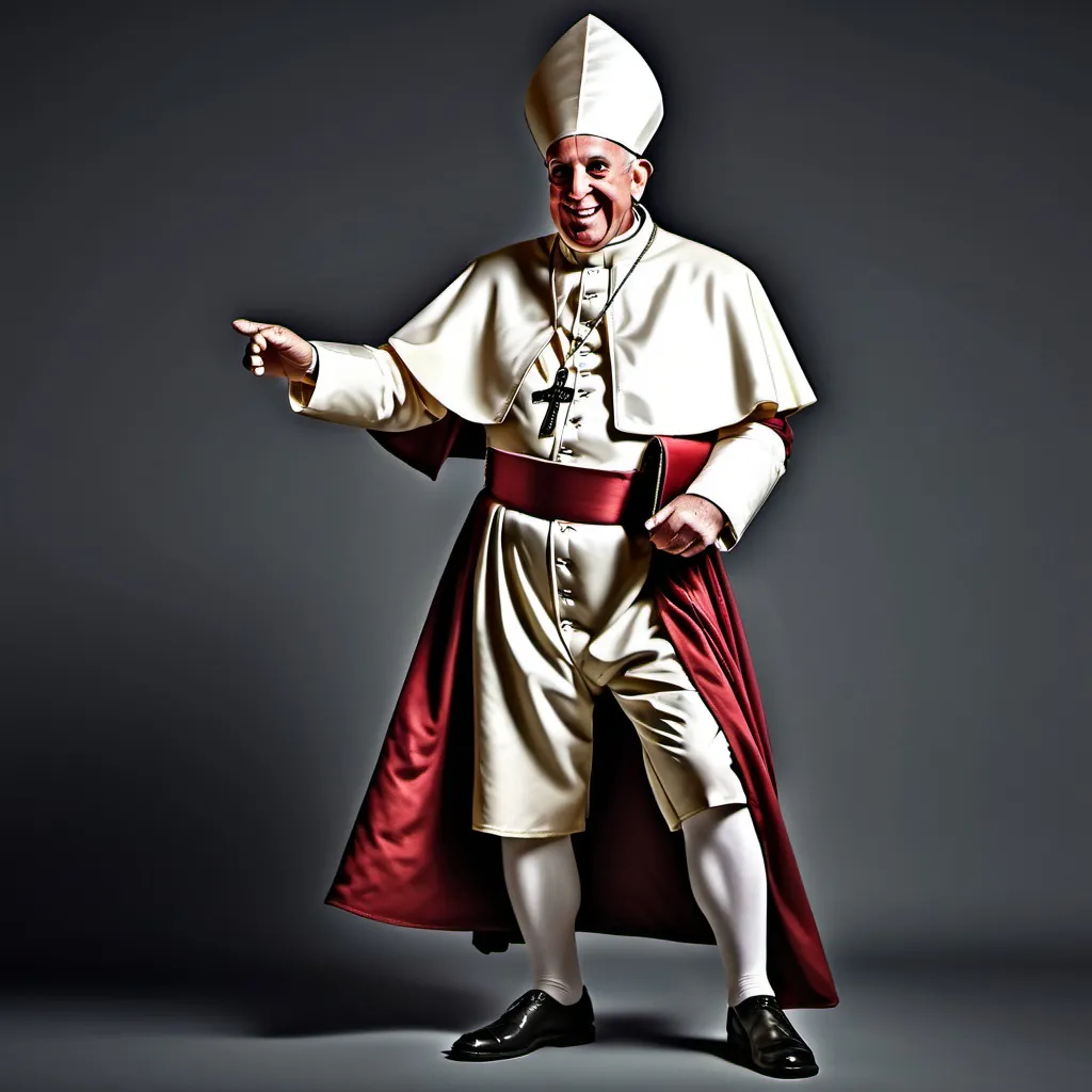 Prompt: Create a light-hearted image of a medieval pope wearing pants