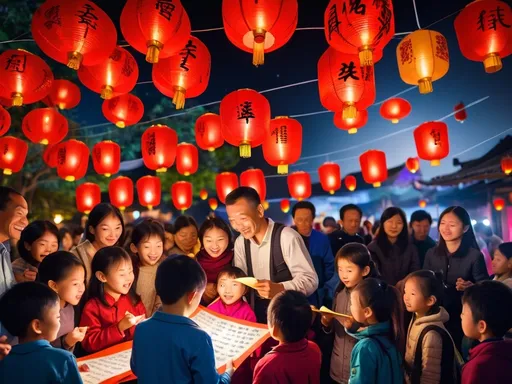 Prompt: A lively scene of adults and children playing 'chai deng mi' (lantern riddle solving) during a vibrant festival. The event is set outdoors at night, with colorful lanterns hanging all around, each bearing a riddle written on a slip of paper. A group of children, diverse in appearance, are eagerly reading a riddle on a red lantern, while nearby, adults smile and encourage them, some holding lanterns of their own. Traditional decorations like paper cuttings and banners add to the festive atmosphere. The night is illuminated by the warm glow of lanterns, and the full moon shines brightly in the sky, enhancing the joyous and cultural ambiance