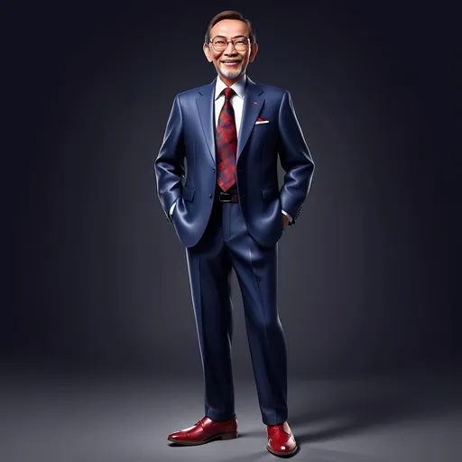 Prompt: Create a professional picture of Prime Minister Anwar Ibrahim in his sixties with short, neatly styled hair and a well-groomed beard. He wears a dark blue, checkered suit with a white shirt and a patterned red tie, long pant & leather shoe. The man has a calm, confident smile and wears round glasses. He stands in a relaxed yet dignified pose, with hands gently folded in front of him. The background is plain white, focusing attention on the man's formal and polished appearance.