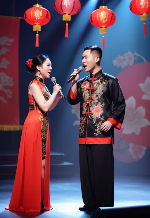 Prompt: A male and female Chinese singer performing on stage together in a captivating duet. The male singer, dressed in a traditional black changshan with intricate golden embroidery, sings passionately into a microphone, his posture strong and expressive. Beside him, the female singer, wearing a beautiful red qipao with elegant floral patterns, harmonizes with him, holding her microphone delicately. Both singers are illuminated by soft, colorful stage lights that create a vibrant atmosphere. The background is adorned with decorative elements like Chinese lanterns and banners, adding a festive and cultural touch to the scene. 