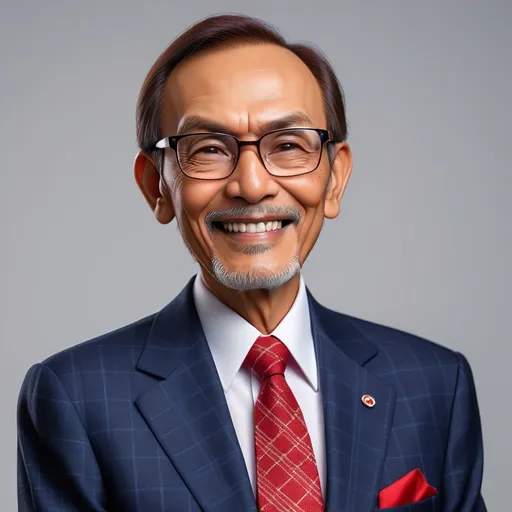 Prompt: Create a professional portrait of Prime Minister Anwar Ibrahim in his sixties with short, neatly styled hair and a well-groomed beard. He wears a dark blue, checkered suit with a white shirt and a patterned red tie. The man has a calm, confident smile and wears round glasses. He stands in a relaxed yet dignified pose, with hands gently folded in front of him. The background is plain white, focusing attention on the man's formal and polished appearance.